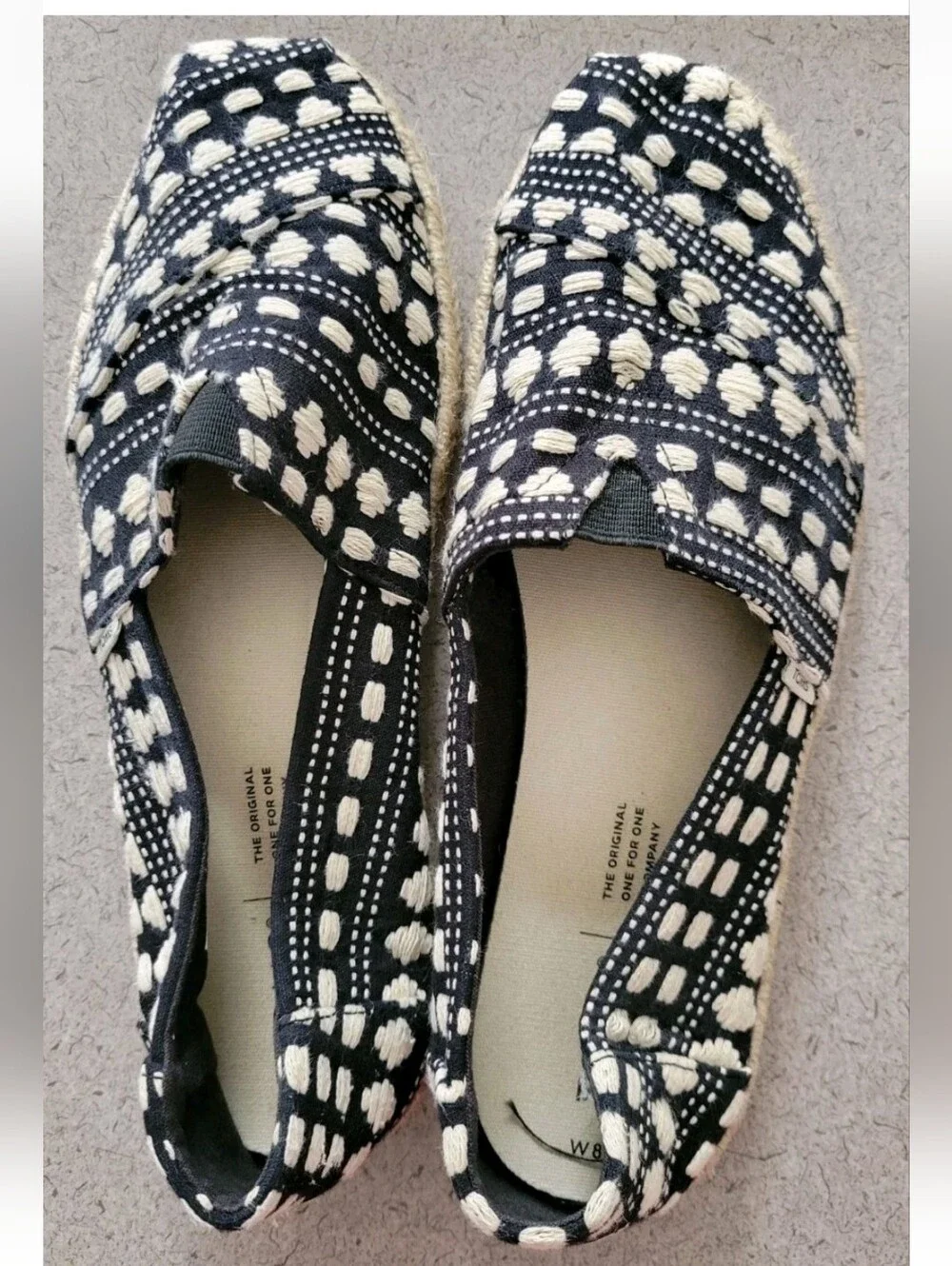 TOMS Women’s Alpargata Rope Sole Flats - Black & Cream Stripes - Size 8w
